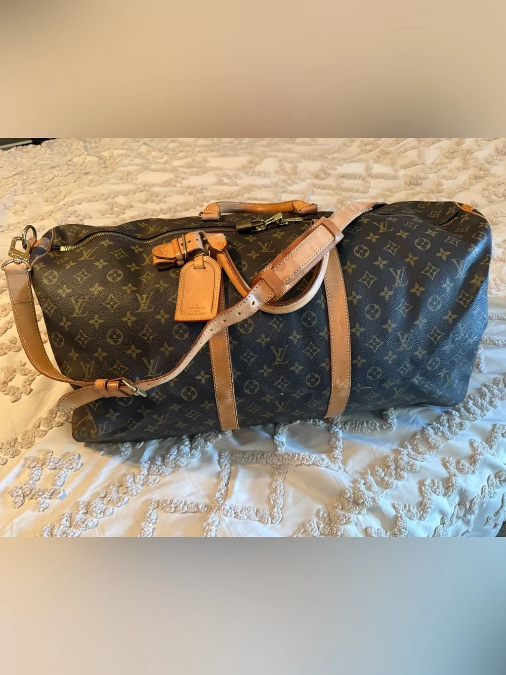 Louis Vuitton Brown Monogram Keepall Travel Duffel - Tan Leather Trim